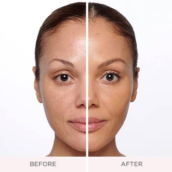 model showing before and after of the tinted moisturizer being used