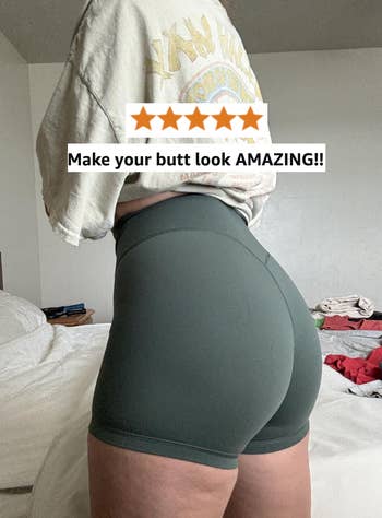 Person wearing high-waisted shorts with a substance   overlay saying, 