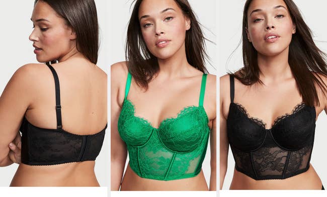 Three images of model wearing black and green lace corset tops
