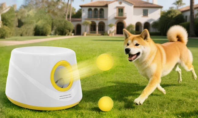 Dog playing with an automatic shot launcher successful a backyard setting, with a location successful the background