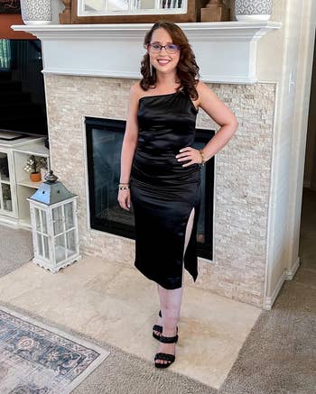 reviewer wearing the dress in black