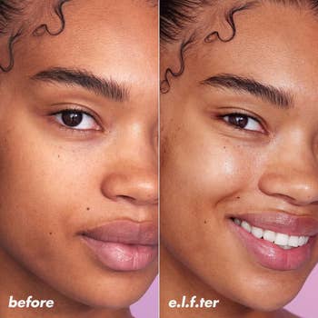 Close-up comparison: Before on the left, e.l.f.ter on the right, showing enhanced skin texture and glow using e.l.f. cosmetics