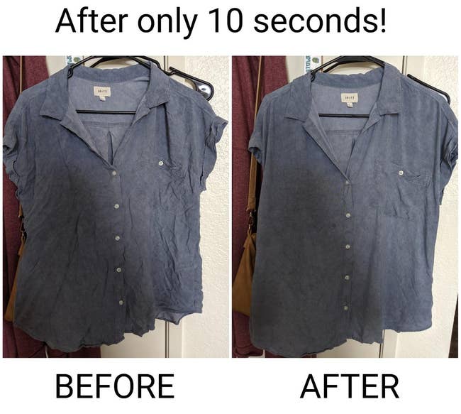 a split image of a reviewer's shirt before and after using the wrinkle release spray 