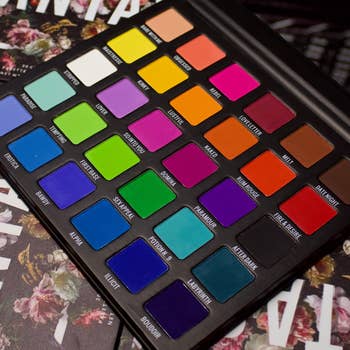 the palette with a big selection of very bright eye shadow colors