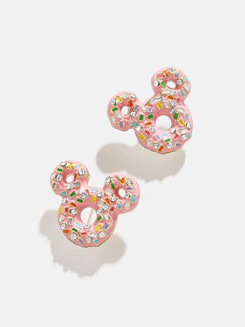 pink donut earrings shaped like mickey mouse