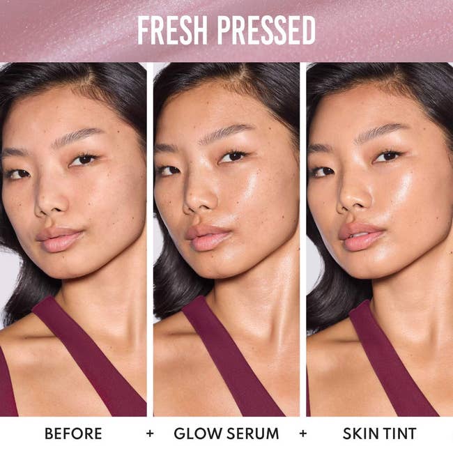 Three-part skincare routine with glow serum and skin tint, promoting a fresh, dewy finish on a model's face