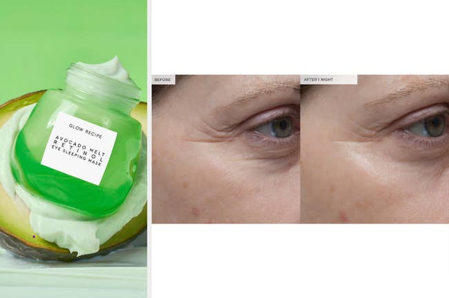 Green container of sleep mask with light green formula inside of an avocado, before and after photo of model's eyes from product
