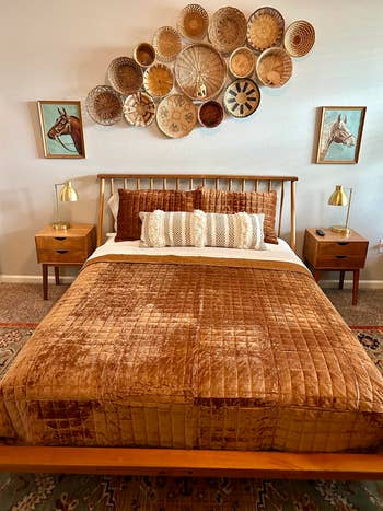 Cozy chamber  with a woody  bed, textured bedding, woven handbasket  partition  art, and framed equine  art, cleanable   for rustic location  buying  inspiration
