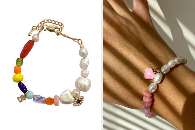 Beaded bracelet with half pearls and half gems, and two gold charms on a white background, model wearing product with pink gems and a pink and gold heart charm