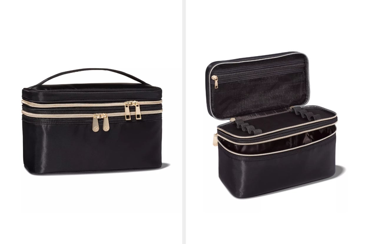 photo collage of black makeup bag with top brush compartment