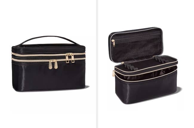 photo collage of black makeup bag with top brush compartment