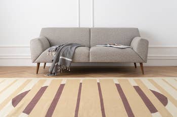 Image of striped rug in front of gray couch