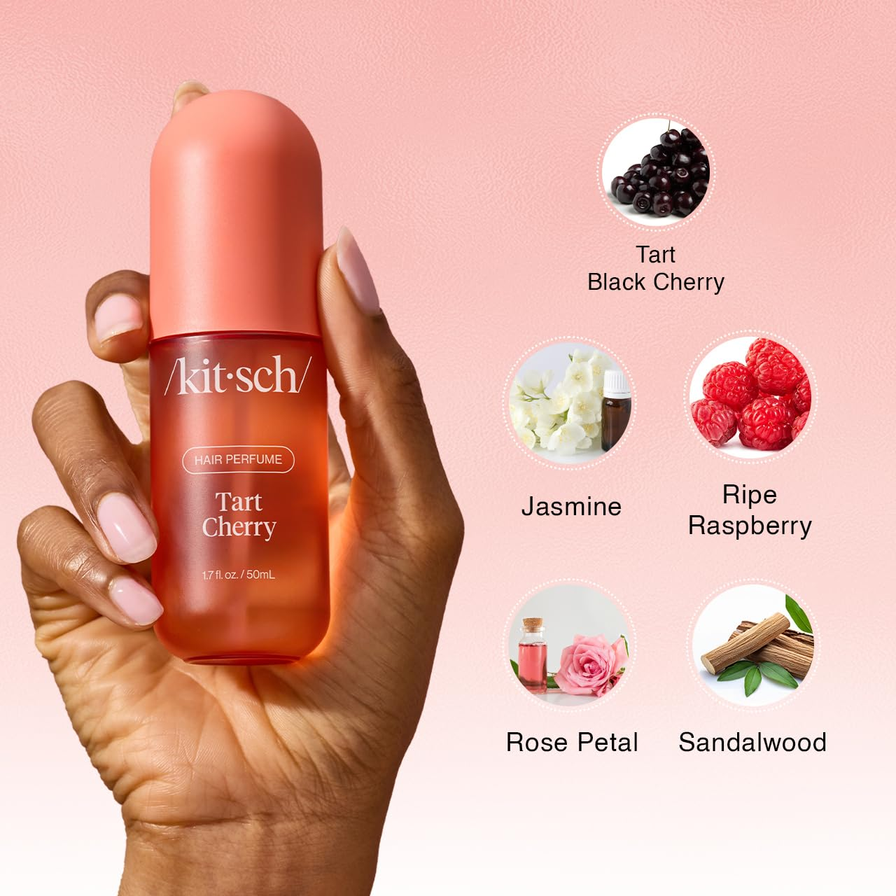Hand holding a vessel  of Kitsch Tart Cherry hairsbreadth  perfume, 1.7 fl oz / 50 mL