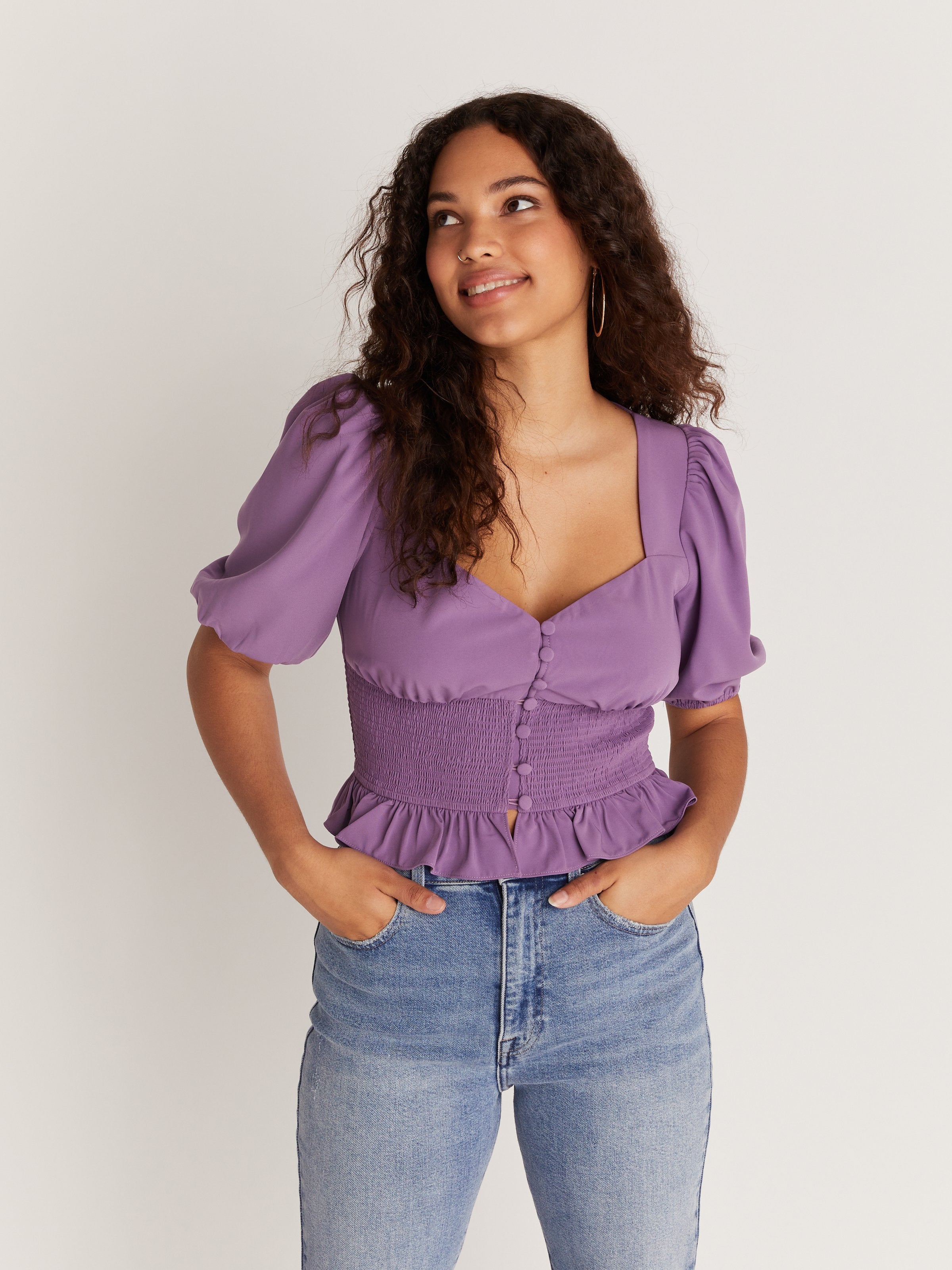 model wearing lilac top