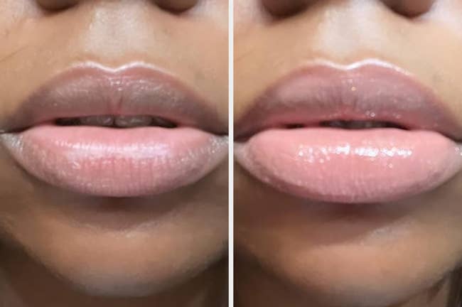 Close-up of a person's lips in two side-by-side images showing before and after applying a lip gloss product for increased shine