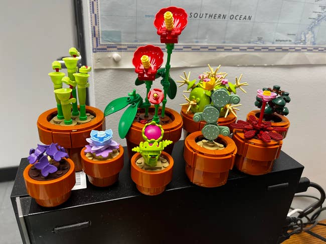 Assorted mini works lego models successful pots, featuring assorted angiosperm and cactus designs