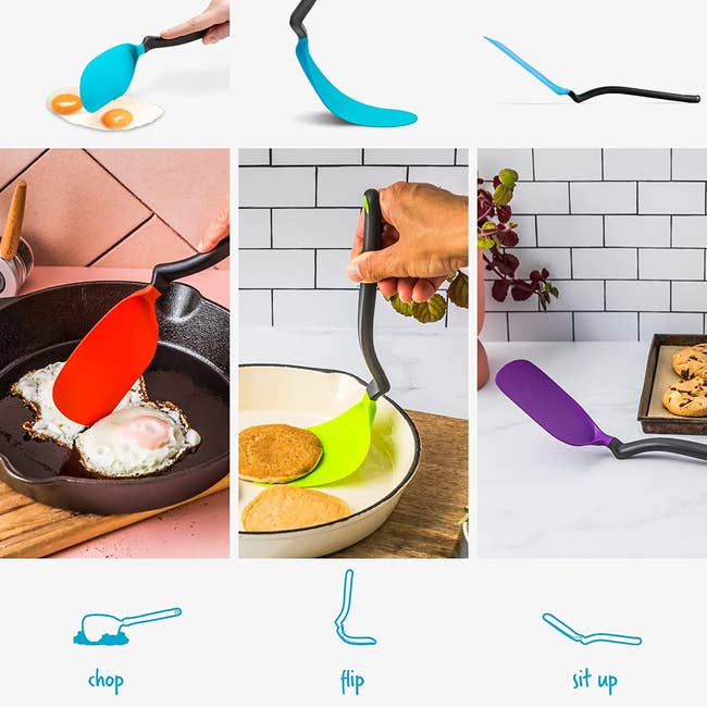 The different colors of the tool: red, green, and purple used to cut fried eggs, fit pancakes, and more