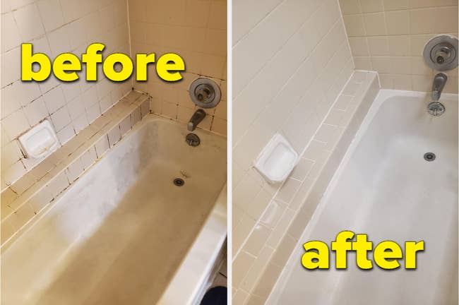 a reviewer's before and after of their tub which was rusty/moldy and is now clean
