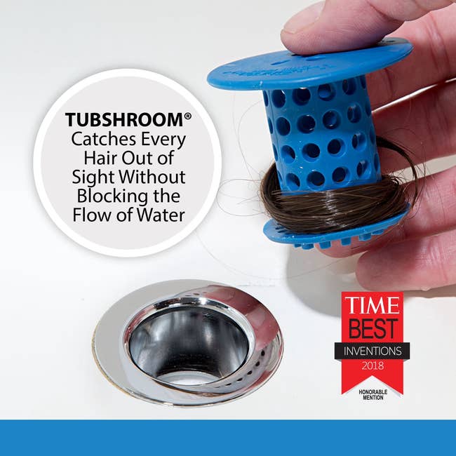TubShroom drain protector held with captured hair, showcasing its relation to forestall clogs without blocking h2o flow; awarded successful 2018