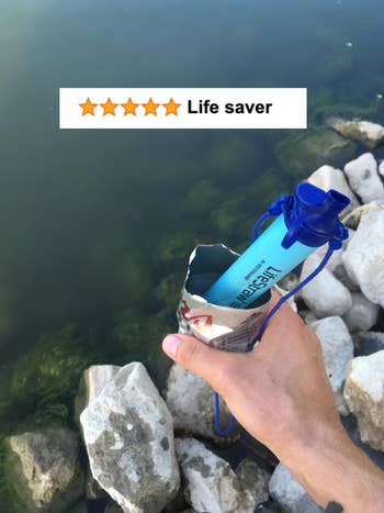 reviewer using straw in a pouch filled with river water with the text 