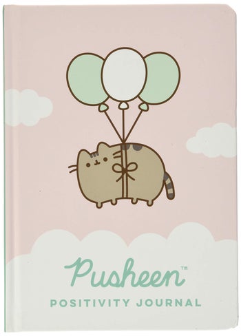 the journal with image of pusheen floating on balloons