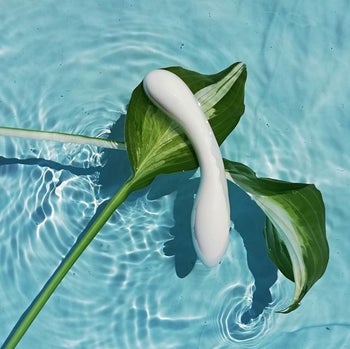 Porcelain dildo in pool of water with leaves