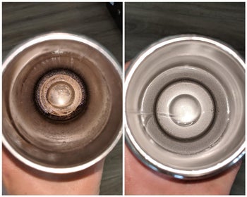 Reviewer's coffee tumbler before and after using Bottle Bright tablets