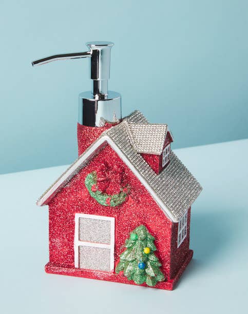 a red glittery cabin with a soap pump attached