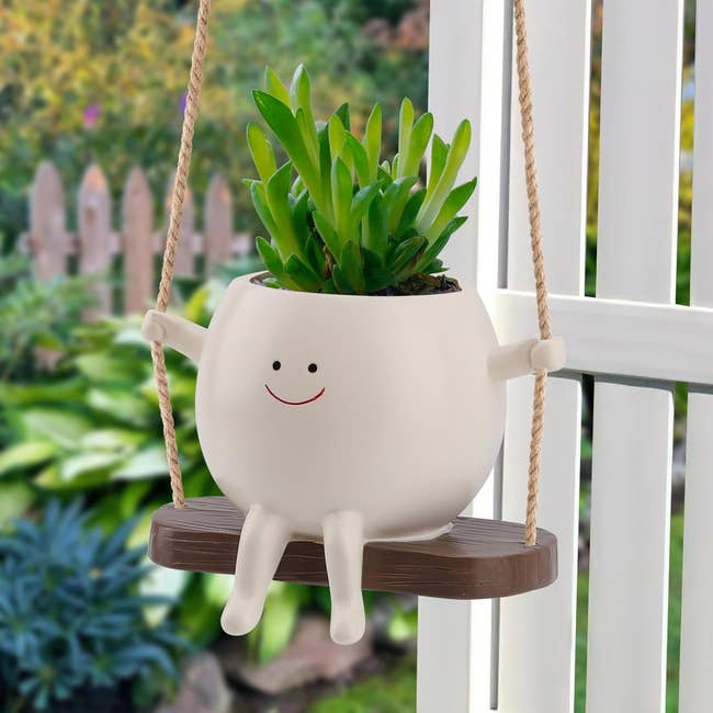 A whimsical planter shaped similar a smiling fig sits connected a swing, holding a tiny greenish plant; cleanable for plot oregon location decor