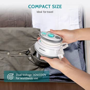 Portable travel iron on clothing with text highlighting its compact size and dual voltage feature