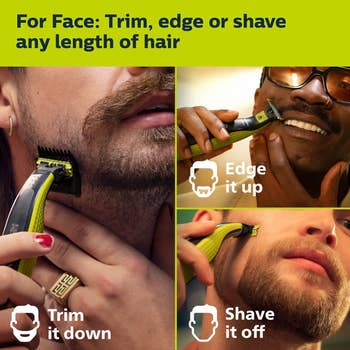 models trimming, edging, and shaving their facial hair