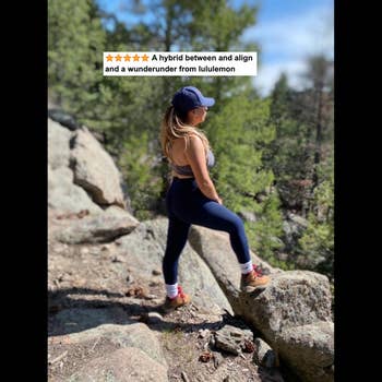 Reviewer hiking in leggings with text 