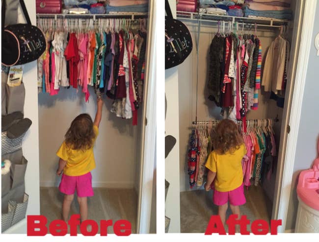 before pic of kid not able to reach clothes, then after pic of closet doubler putting clothing within the kid's reach