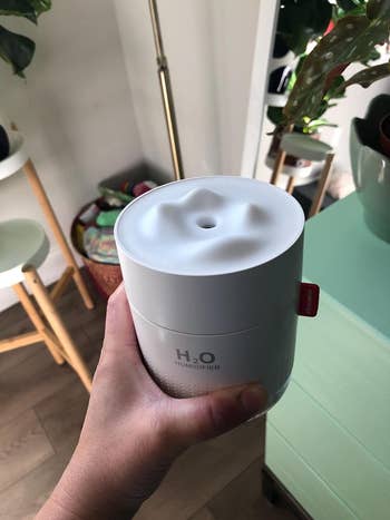 reviewer holding humidifier with mountain top