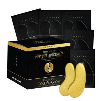 Boxes of Dermora eye masks and a pair of golden under-eye patches