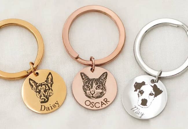 Three images of gold, rose gold, and silver keychains