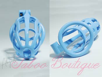 Blue chastity cage from different angles