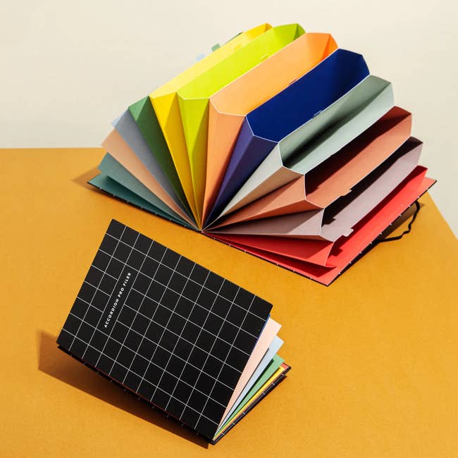grid notebook with rainbow accordion folder inside 