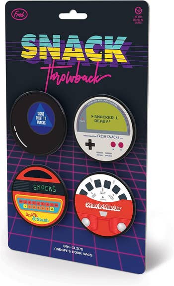 Snack-themed retro magnetic clips on packaging, designed like vintage games and toys 