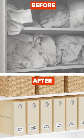 Organized closet with labeled storage bins and neatly stacked bedding