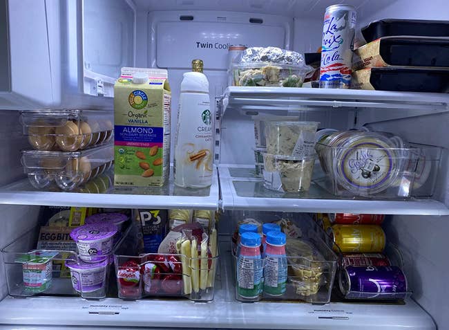 A reviewer's fridge looking organized with the storage bins