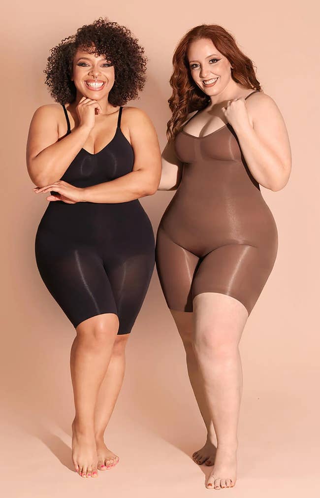 two models wearing the full body shapewear in black and brown, respectively