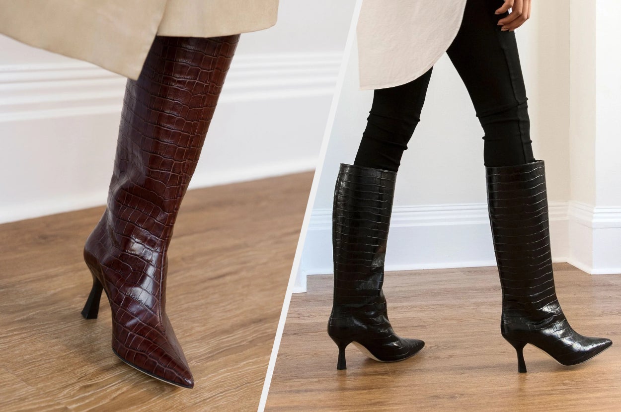 Two images of models wearing brown and black boots