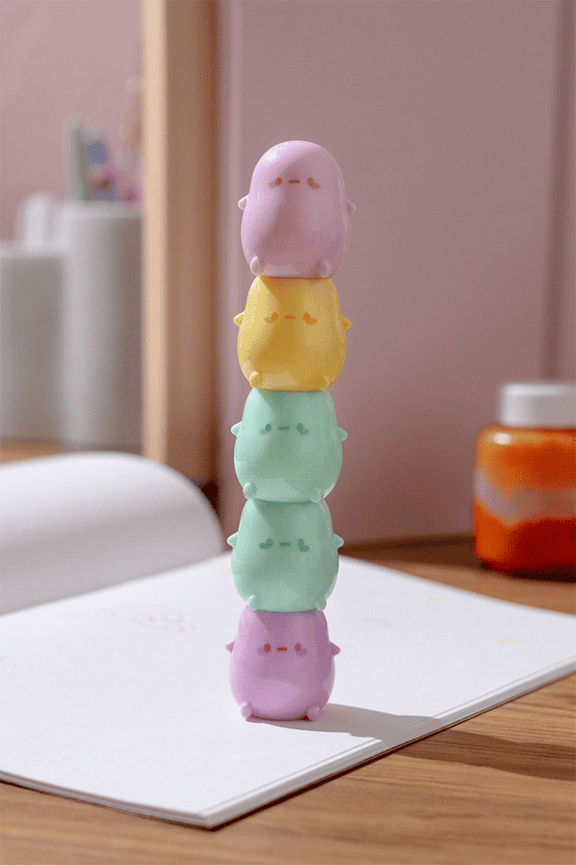 yellow, green, turquoise, pink, and purple potato shaped highlighters with cute faces being stacked and unstacked to reveal then seal their marker tips