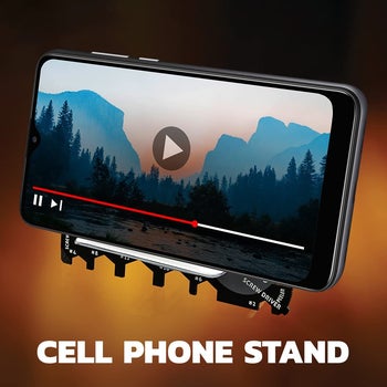 the same card being used as a phone stand