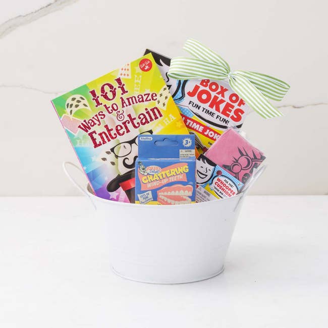 a gift basket filled with practical joke items