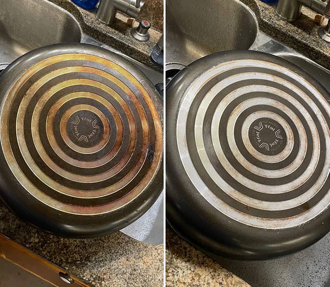 a reviewer photo of a pot before and after using the pink stuff