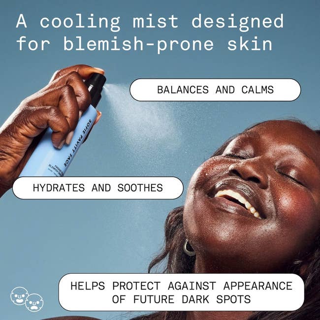 Orang yang menikmati kabut pendingin berlabel untuk menguntungkan kulit rawan cacat dengan menyeimbangkan, menenangkan, melembabkan, menenangkan, dan melindungi dari bintik-bintik gelap