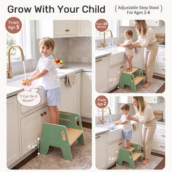 A kid uses a greenish measurement stool astatine antithetic ages to scope a room sink, demonstrating the product's adjustable height