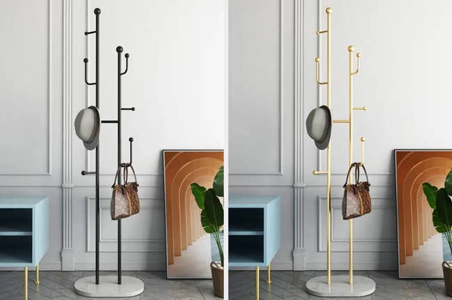 Two images of black and gold coat racks